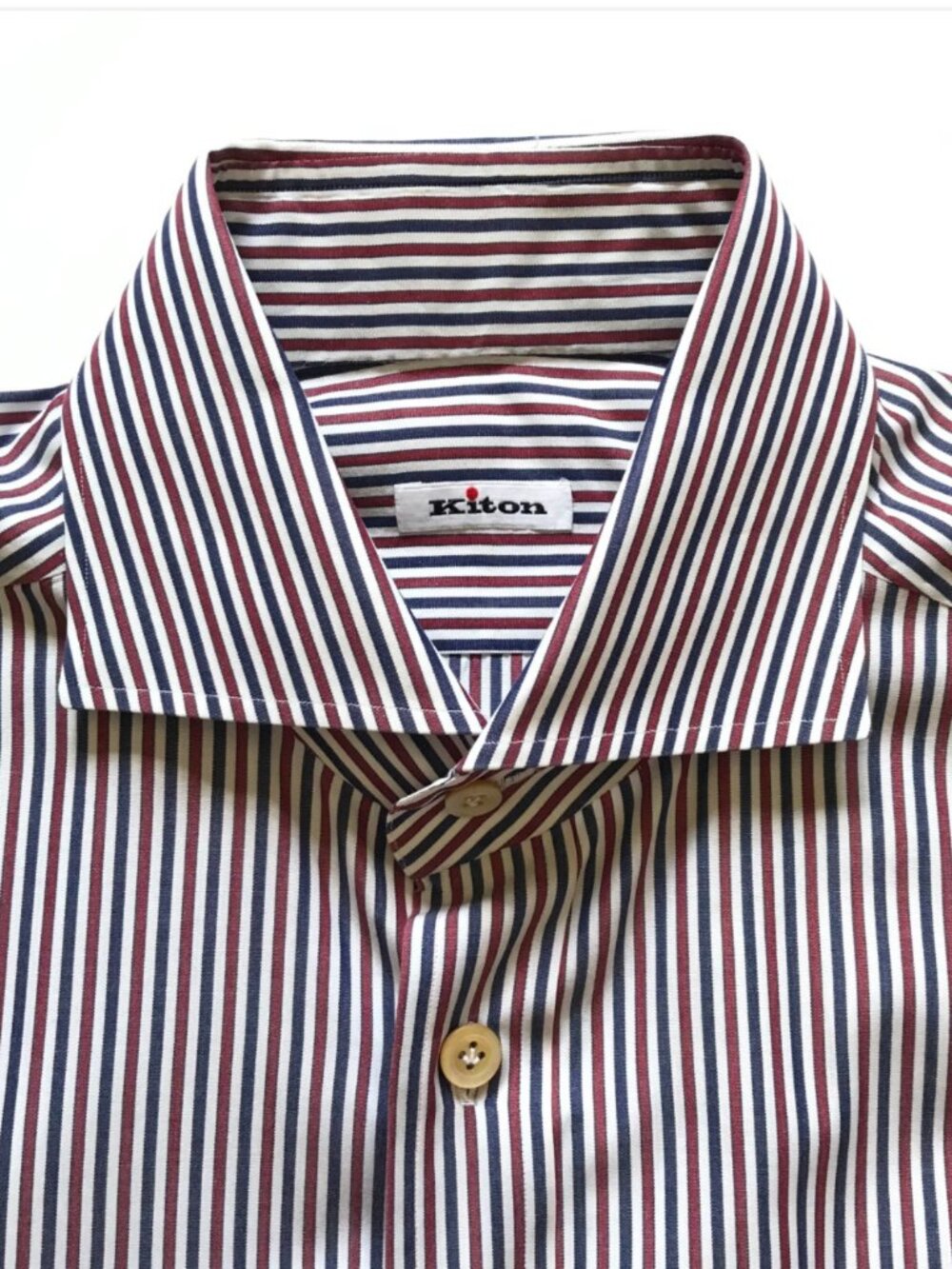 KITON Button Down Sport Shirt Mens 40 16 Red White Blue Stripe Print Long Sleeve